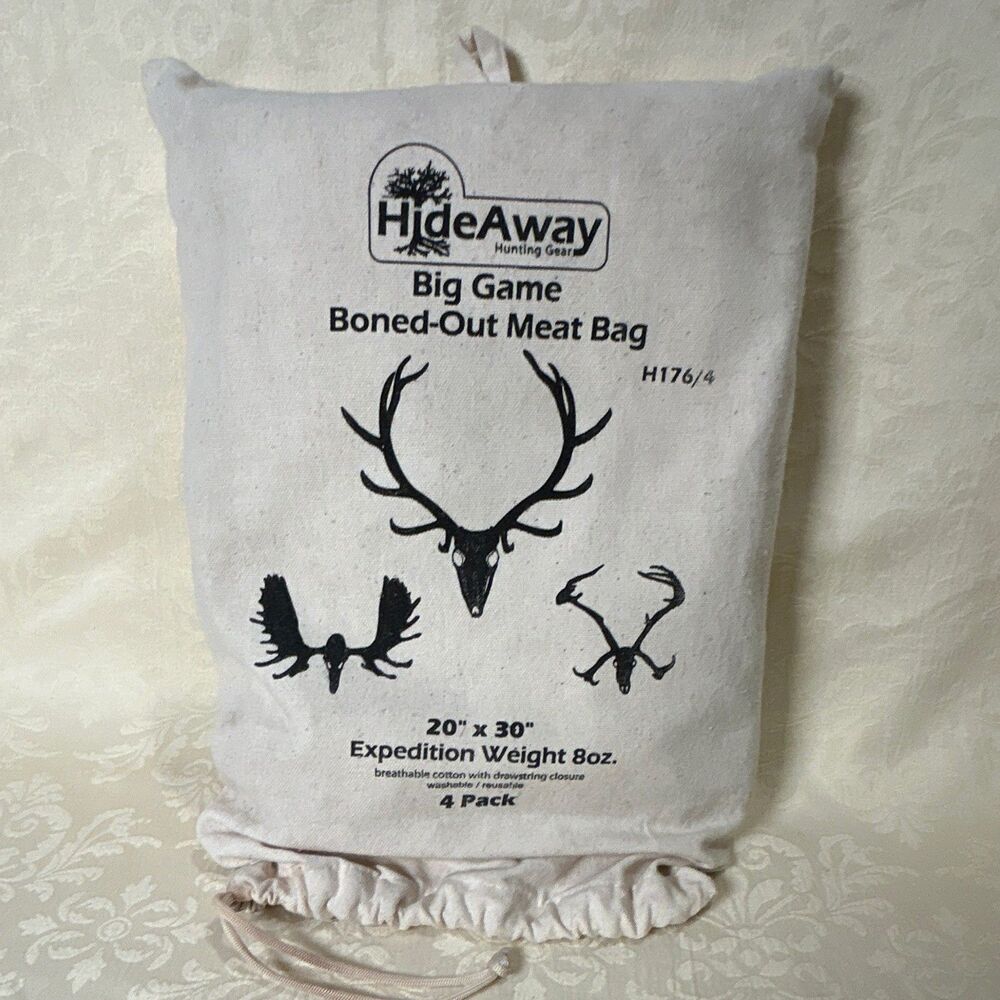 HideAway Big Game Boned-Out Meat Bag 20"x30" 4 Pack Cotton Drawstring White
